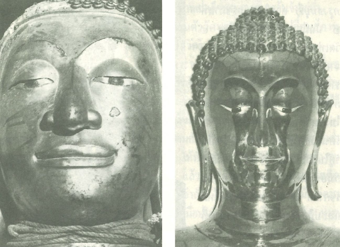 The golden Buddha statue on the left appears before removing the cement, and on the right appears after removing the cement.